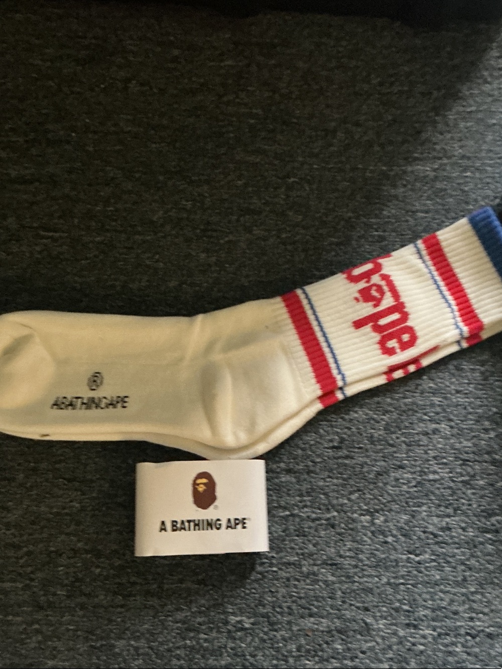 White Athletic Crew Socks with Red & Blue Stripes